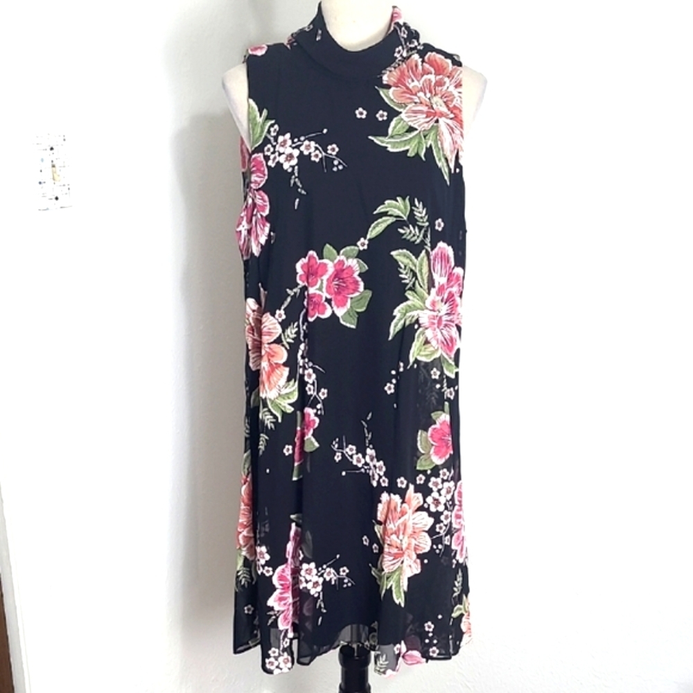 Robbie Bee Sleeveless Floral Dress, Black, Pink, Orange Flowers, Cowl Neck Sz 14